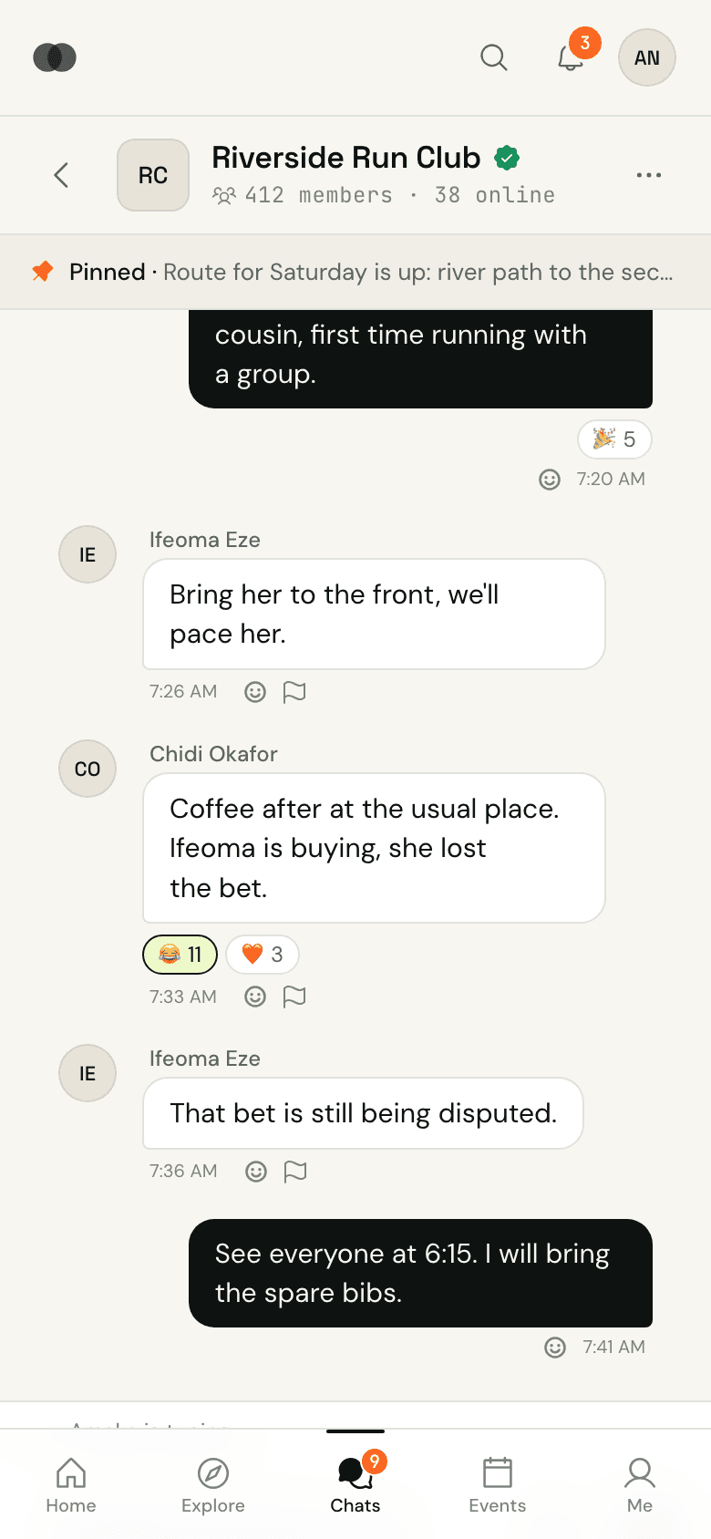 A group chat in BondBloc, with reactions and a pinned route