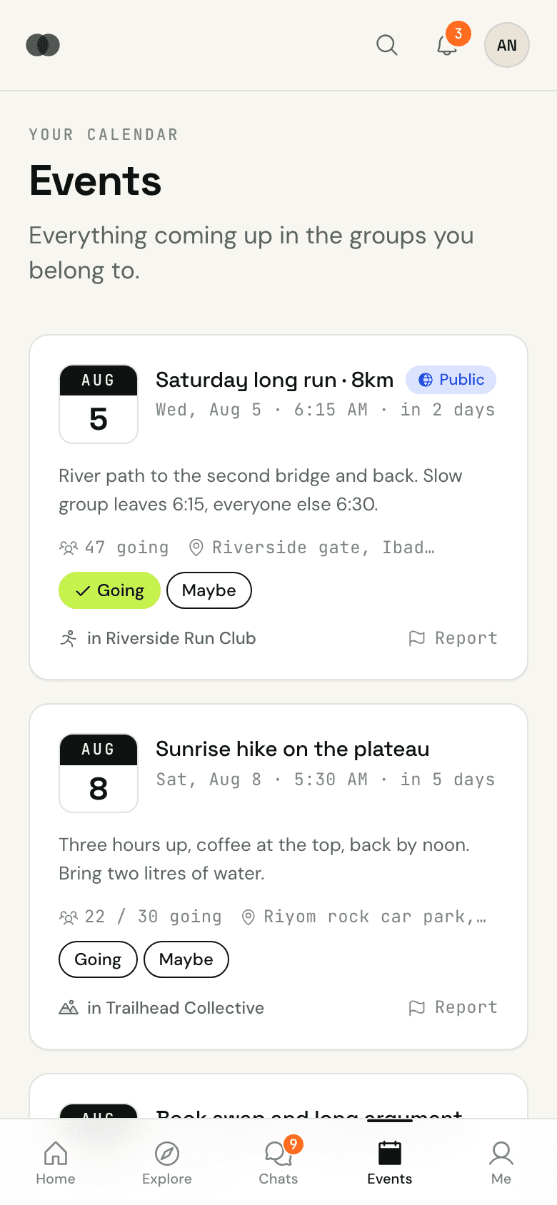 The events list in BondBloc, with RSVP counts and going states