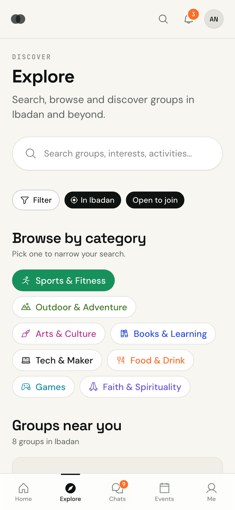 Explore in BondBloc: search, category chips and group cards near you