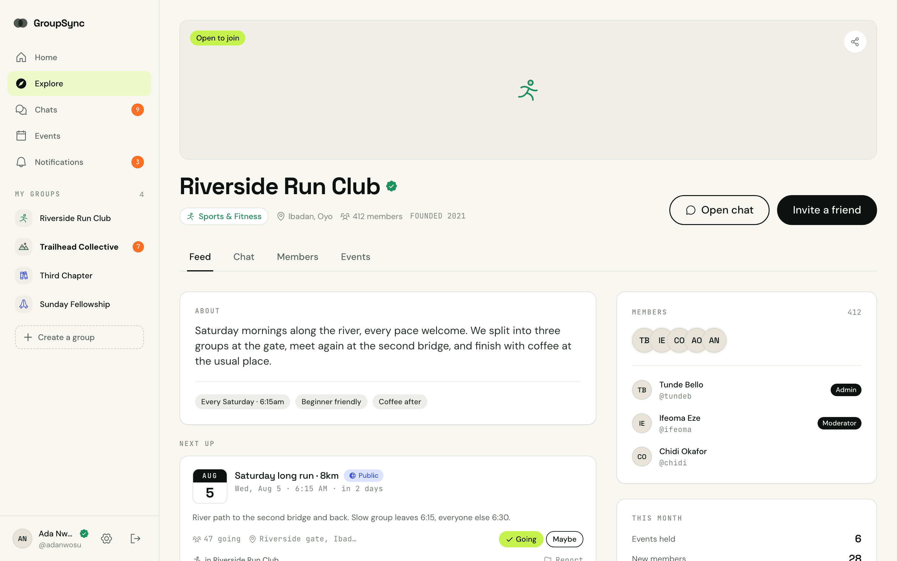 A group profile in BondBloc: about, next event, members and roles