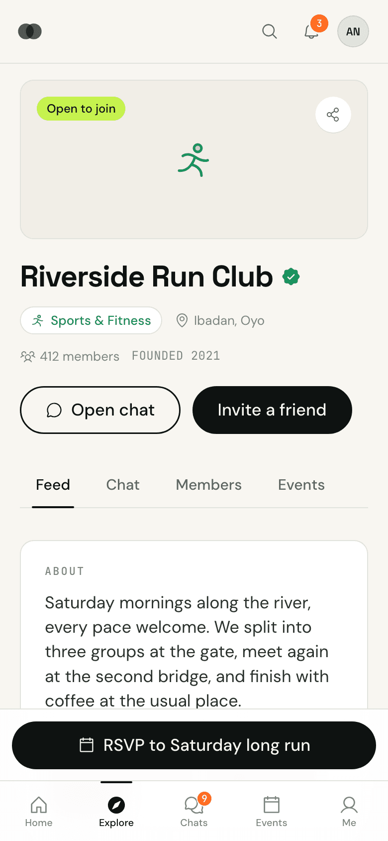 A group profile in BondBloc, showing how to get in